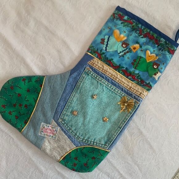 Stocking Vintage Handcrafted Denim Cotton Christmas Bears Lined - Picture 1 of 10